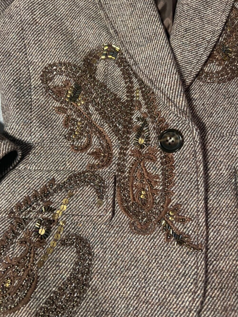 Talbots wool Tweed Paisley Embroidered Blazer Sequin Beaded Tan Size 2 - Picture 2 of 6